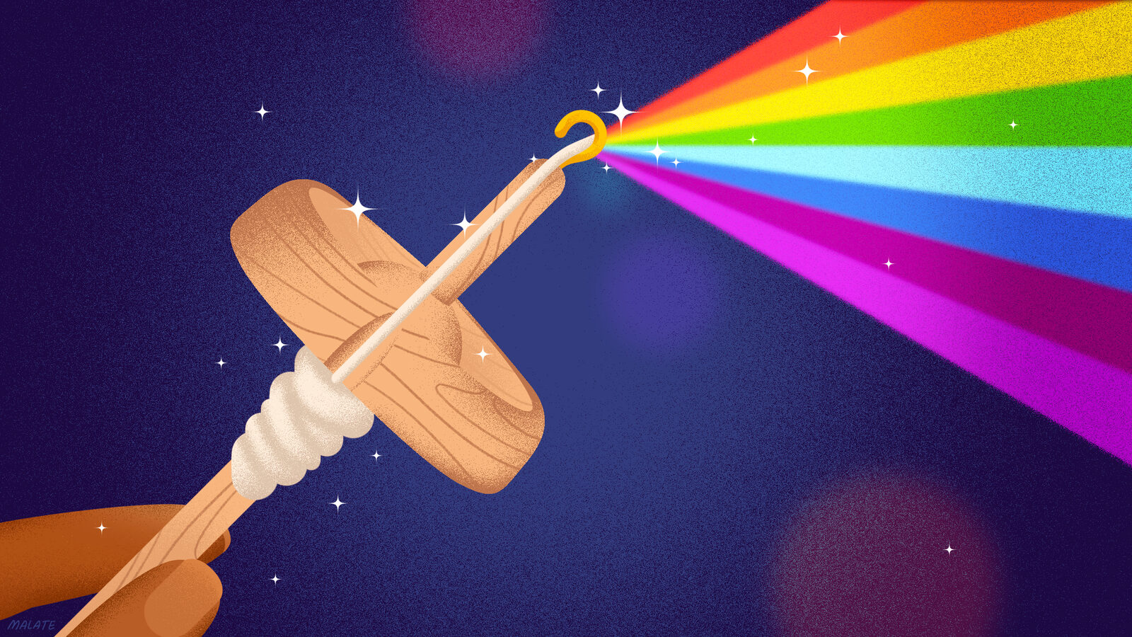 Conceptual illustration of wool being spun into refracted light