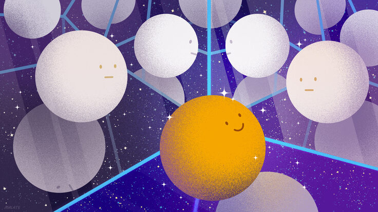 Illustration of a particle in the middle of a hall of mirrors
