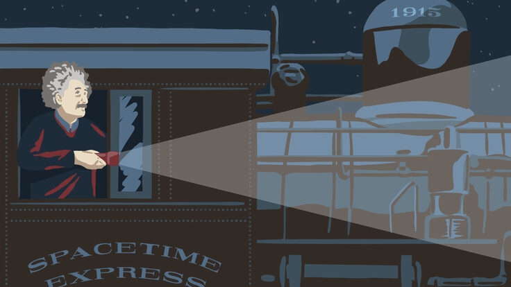 Illustration of Einstein shining a flashlight ahead of the "Spacetime Express" train