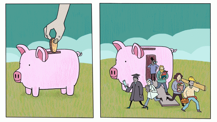 Left: Hand dropping coin into large piggy bank Right: People walking out of piggy bank