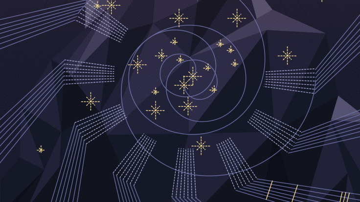 Illustration of Dark Light, medium and dark purple with light purple line work, and yellow stars 